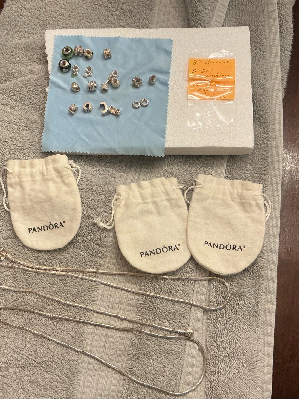 Pandora Silver Charm & Snake Chain Set with Cream Pouches